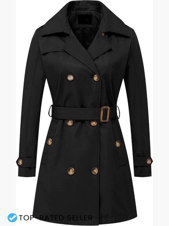 Jackets & Blazers - Women's Double Breasted Trench Coat Mid-Length Belted Overcoat with Hood